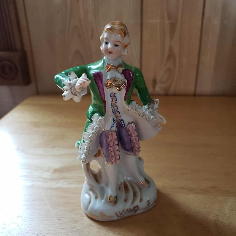 Vintage‎ Japan Porcelain Figurine Man in Green Coat Gold Trim 5.75"